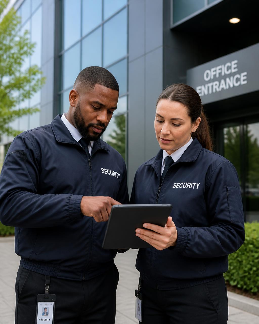 Camsec security officers reviewing a site security plan outside a commercial building