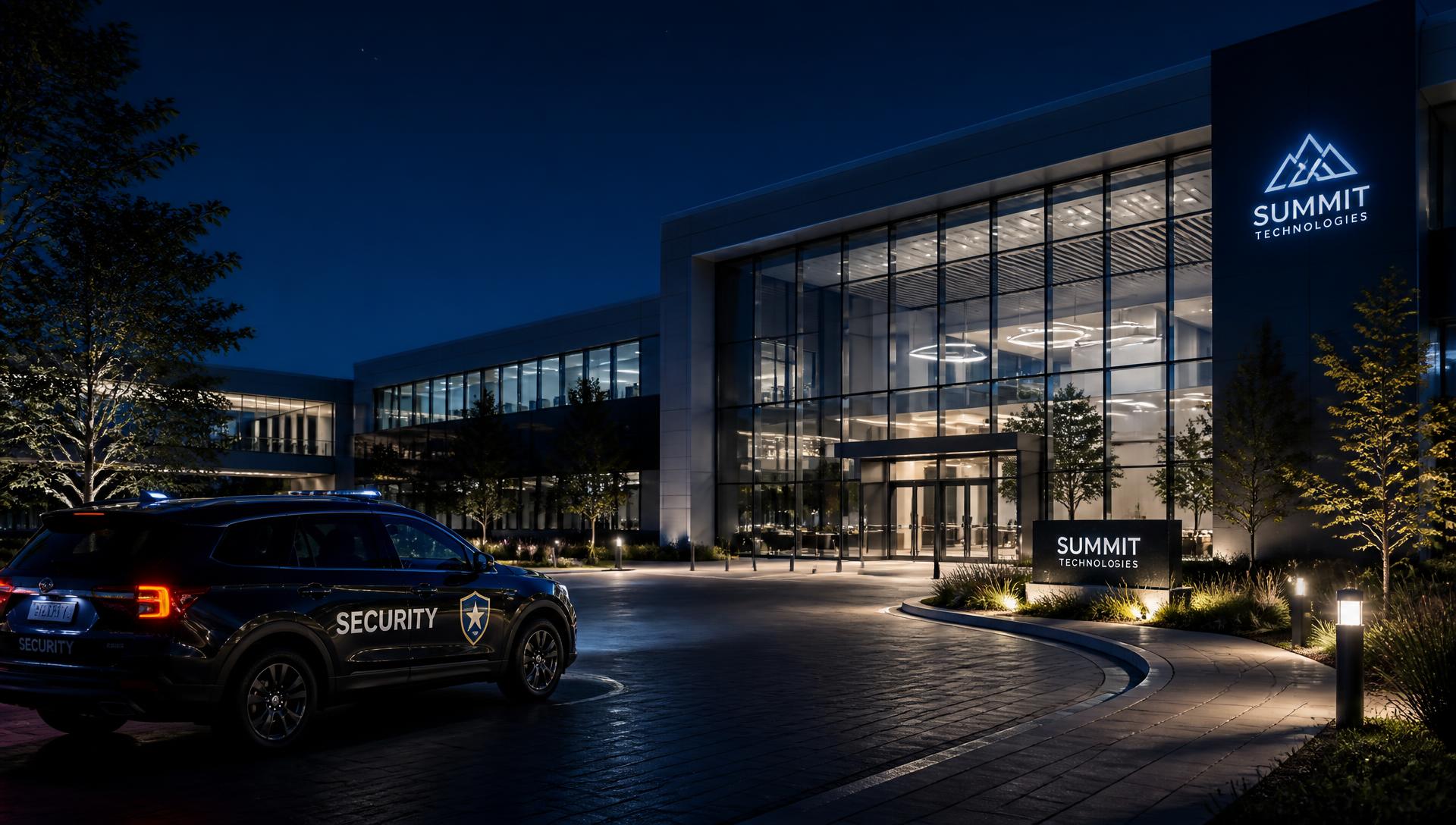Camsec security patrol vehicle at a corporate campus entrance at night