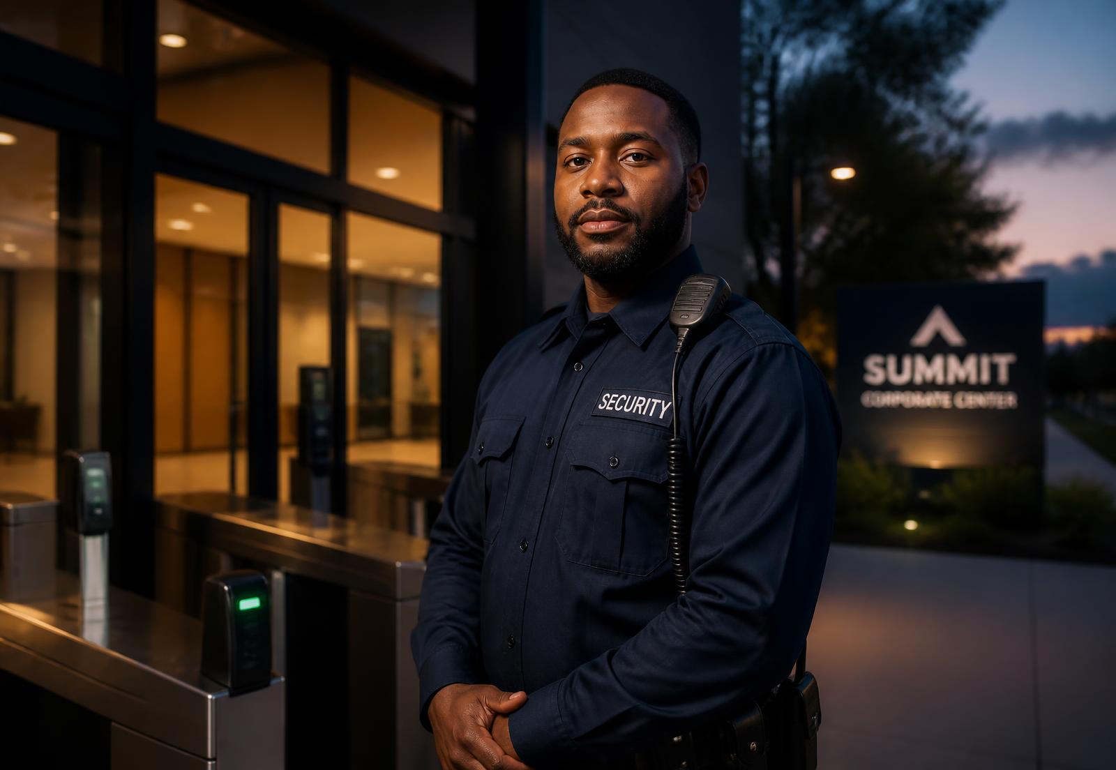 Camsec security officer managing an access-controlled corporate entrance at dusk