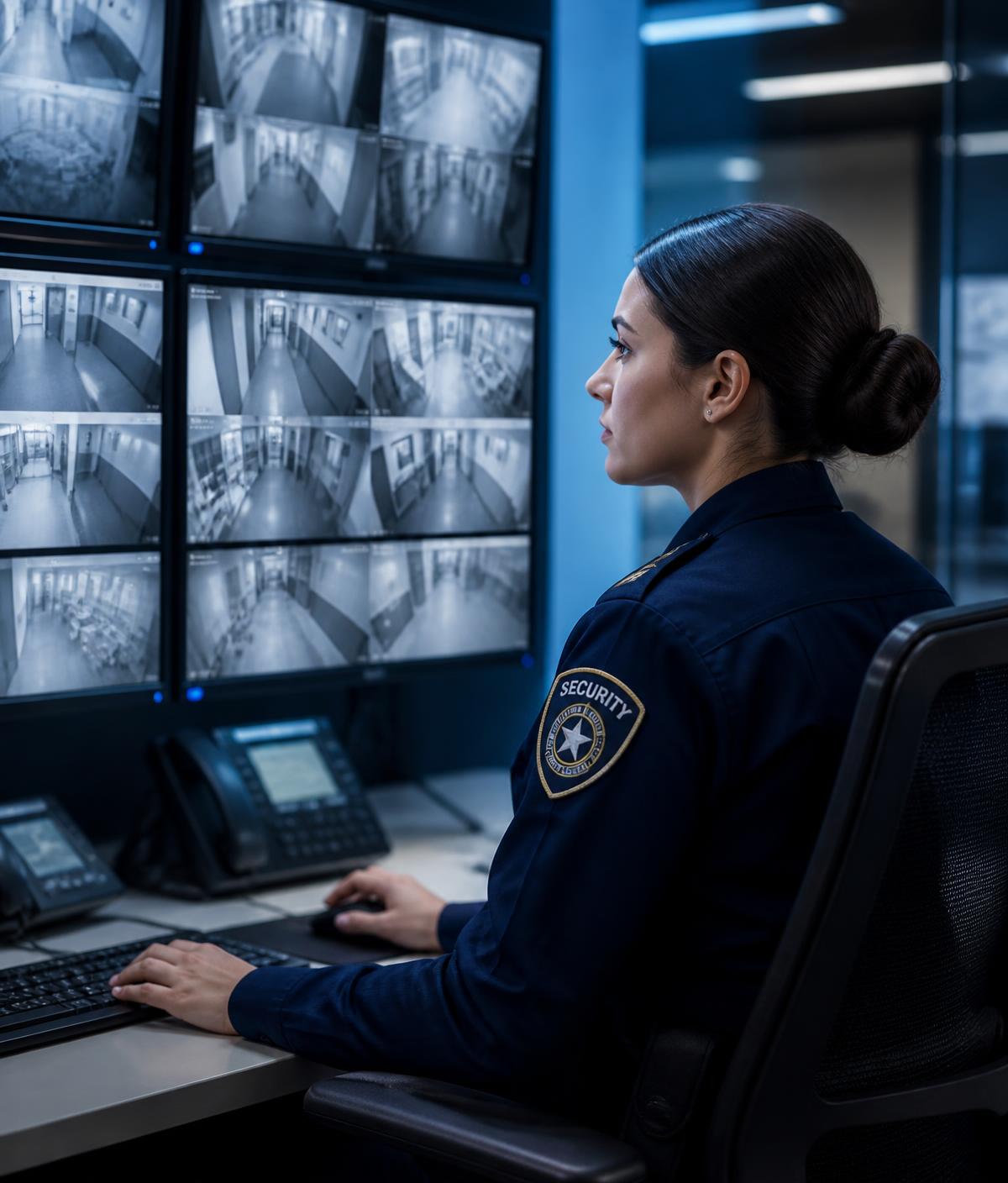Camsec officer monitoring facility camera feeds from a security control room